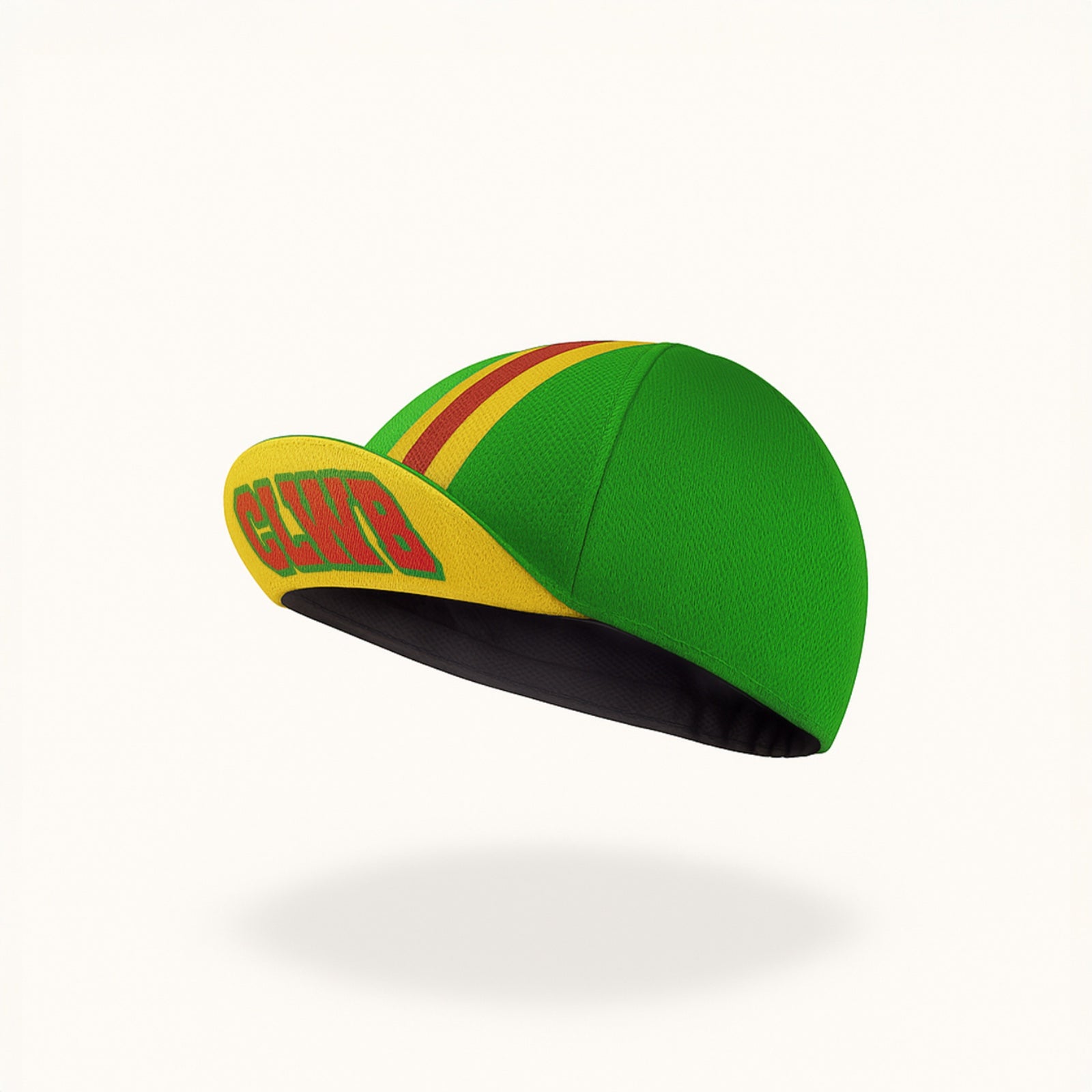 Green cycling cap with red and yellow stripes.