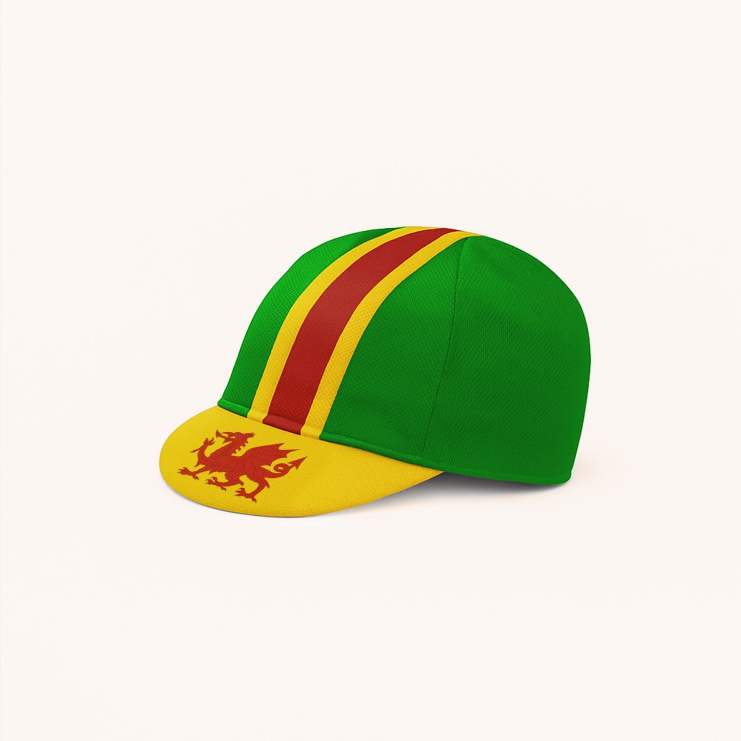 Green cap with red and yellow stripes and a dragon emblem.